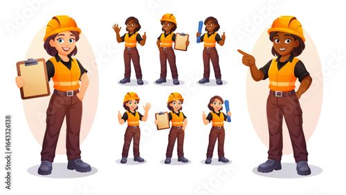 Worker and engineer woman in helmet and safety uniform performs builder tasks at work. This worker figure represents an engineer in vector sets for business, architecture or industrial design.