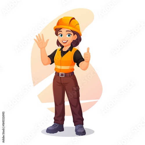 A worker and engineer woman in helmet and safety gear stands at builder work site. This worker character helps represent an engineer in job visuals, industry scenes, or construction design use.