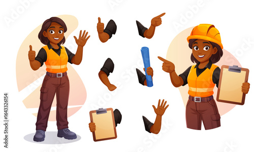 Worker and engineer woman in helmet and safety vest poses at builder work site. This character lets worker and engineer roles be shown with gestures, tools, clipboard or site elements.