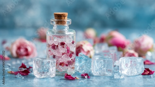 A glass bottle filled with rose petals and crystals, surrounded by ice cubes.