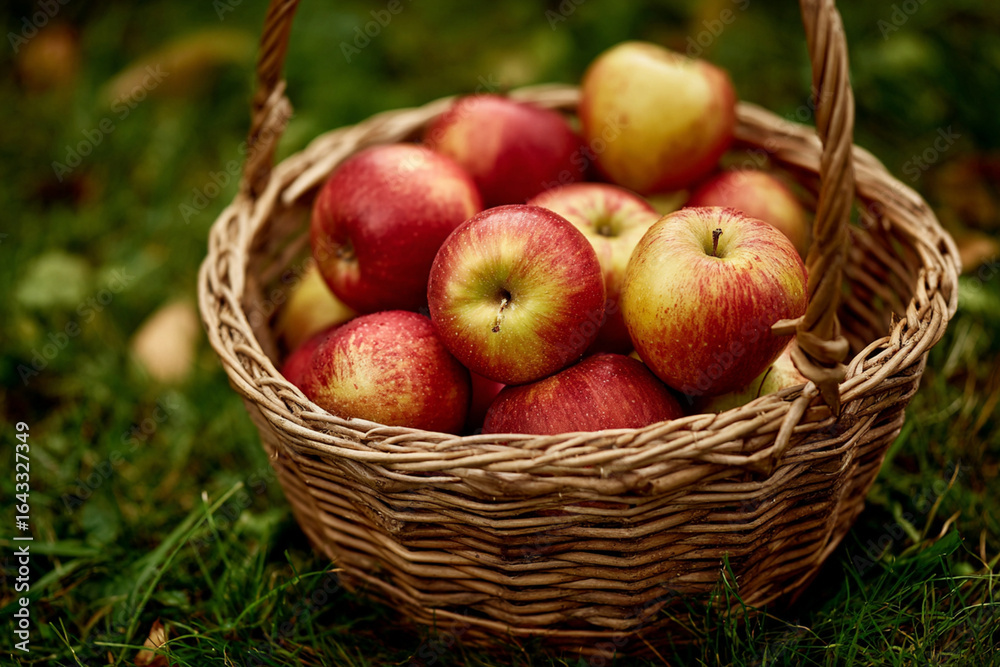 Straw basket with freshly picked apples on grass Straw basket with freshly picked apples on grass
