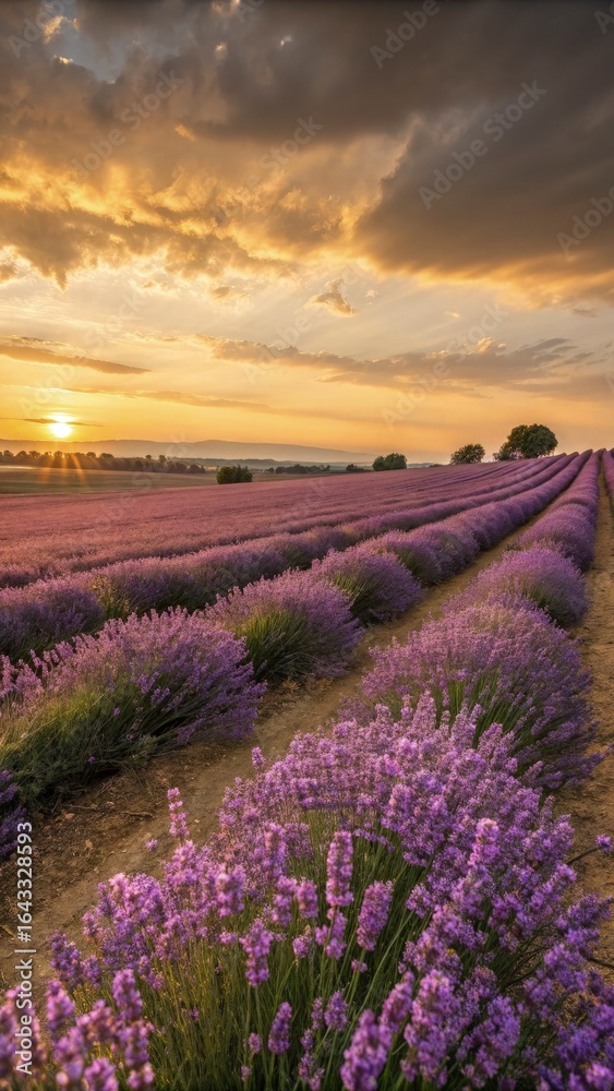 Obraz premium A vast lavender field in full bloom, with rows of purple stretching endlessly under a golden evening sky