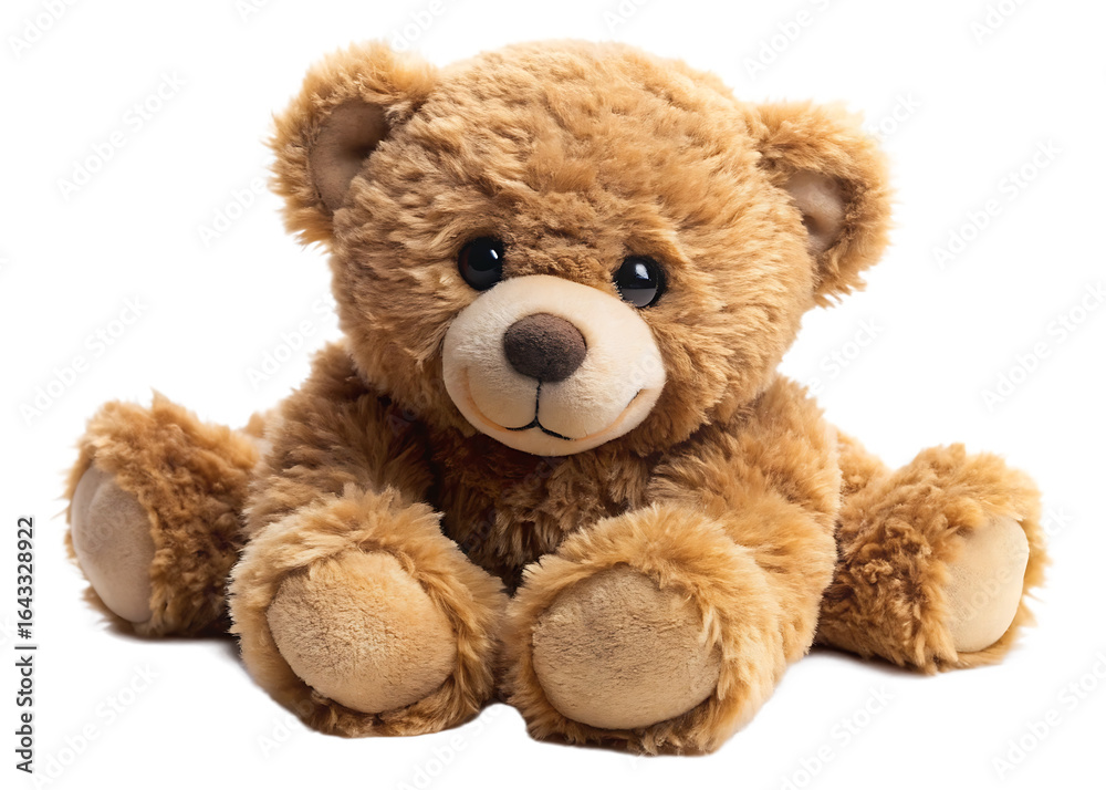 Fototapeta premium A soft brown teddy bear lying down with a in a close up shot isolated on white background PNG.AI Generated.