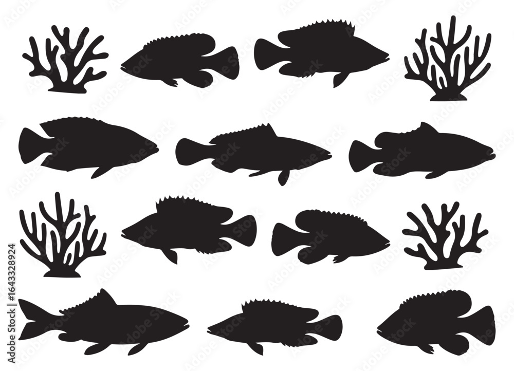 Fototapeta premium black and white silhouette vector set of fish