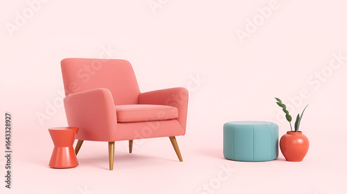 3d rendering of an Isolated pink salmon red modern mid century lounge armchair