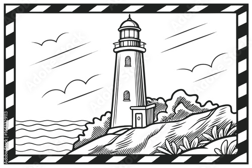 Lighthouse on Rocky Coastline with Waves and Clouds ocean