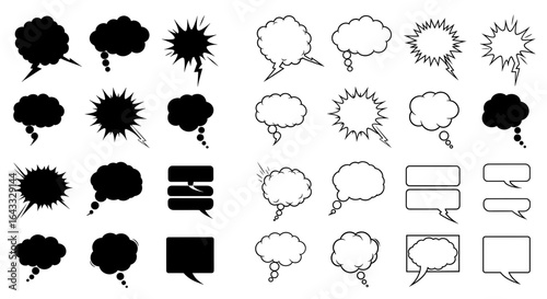 A collection of various comic speech bubbles and thought balloons in solid black silhouette and outline styles.