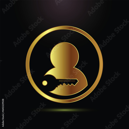 Golden User Icon with Key Security Symbol and Avatar Inside a Circle on Black Background