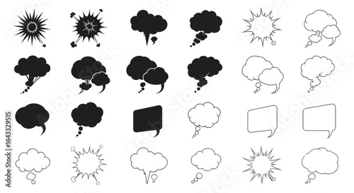 A collection of comic book speech bubbles, thought clouds, and explosion icons in black silhouette and outline styles.