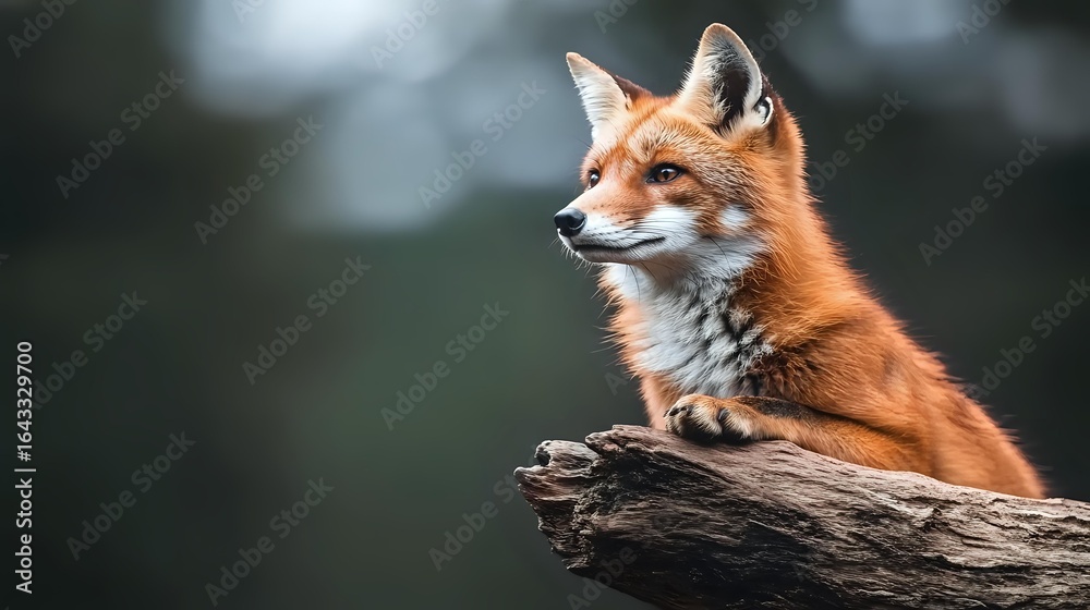 Obraz premium Red fox with bright orange fur sitting on fallen tree trunk in forest, side profile portrait against blurred natural background with soft bokeh effect.
