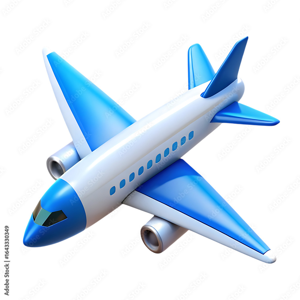Obraz premium A stylized blue and white 3D model of a passenger airplane with two jet engines.