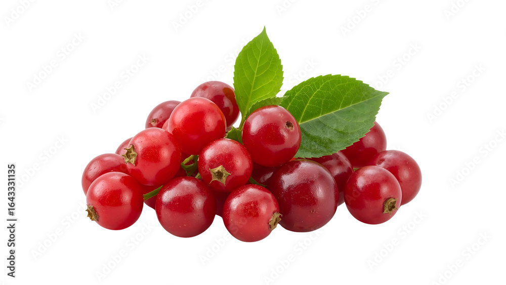 Fresh red cranberries with green leaves isolated on the transparent background for food, health, and natural ingredient concepts Fresh red cranberries with green leaves isolated on the transparent background for food, health, and natural ingredient concepts