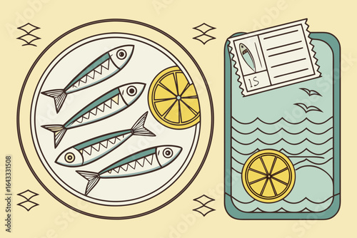 Sardines and Lemon on Plate with Postage Stamp Design fish seafood