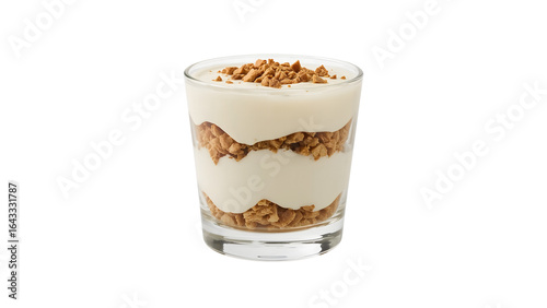 Layered yogurt parfait with granola in glass cup isolated on the transparent background, healthy breakfast dessert concept