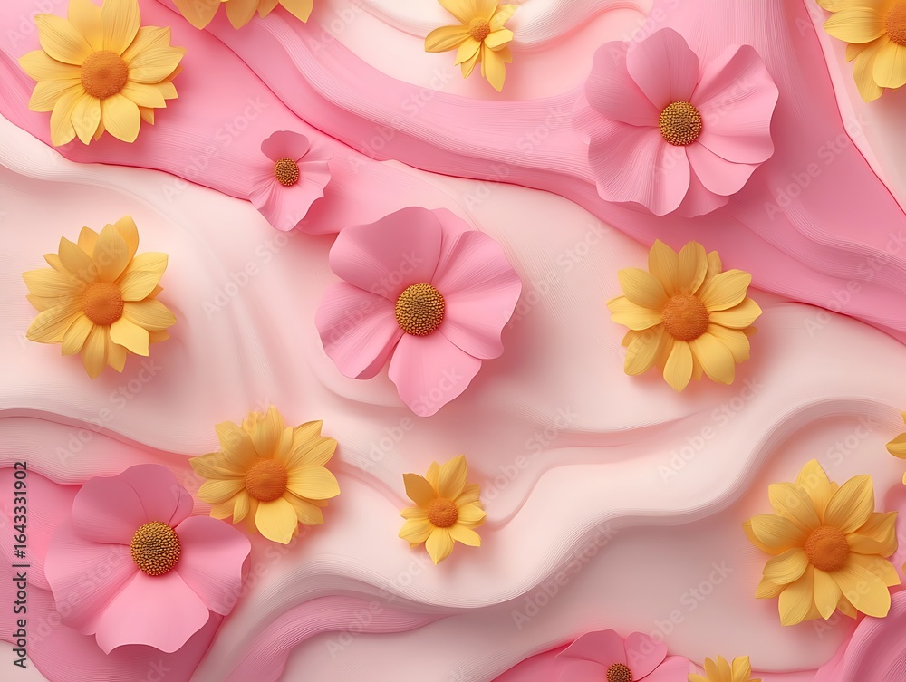 Obraz premium Floral-inspired elevation contours in rosy pink and soft sunflower yellow tones