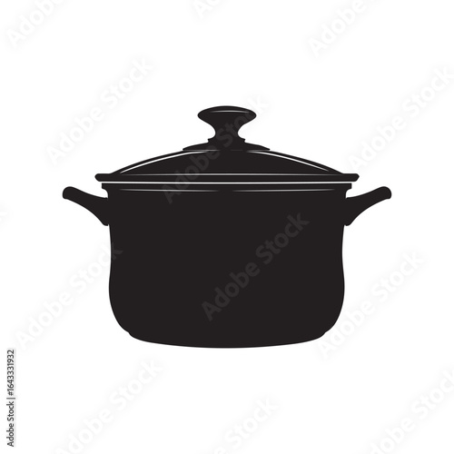 Black and White Silhouette of a Covered Cooking Pot, Isolated