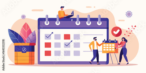 Large calendar with business people planning tasks and marking important dates, flat vector corporate scheduling teamwork concept illustration
