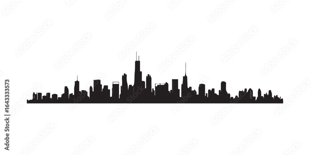 Fototapeta premium Black and White Silhouette of City Skyline with Skyscrapers Against White Background