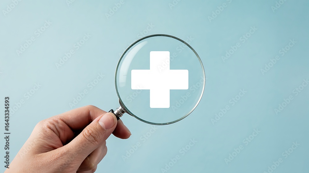 Obraz premium Close up of a hand holding a magnifying glass over a bright white medical cross symbol on a light blue background