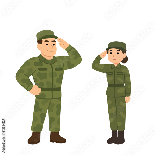 Male and female soldiers in camouflage uniform saluting, flat vector illustration of military personnel.