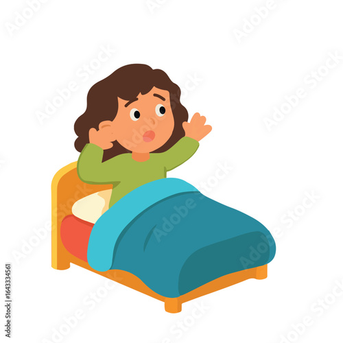Scared girl waking up in bed, flat vector illustration of child fear or nightmare.