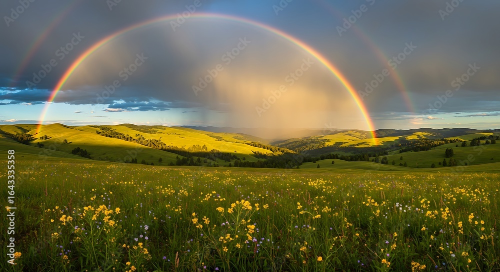 Naklejka premium Rainbow Over Green Field with Wildflowers
