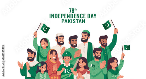 A group of diverse people celebrate Pakistan's 78th Independence Day, waving flags against a white background.