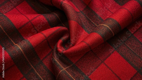Red plaid textile closeup with folds and soft texture, classic tartan fabric pattern for fashion and interior design