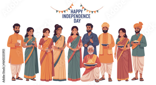A diverse group of Indian people celebrating Independence Day, holding offerings.