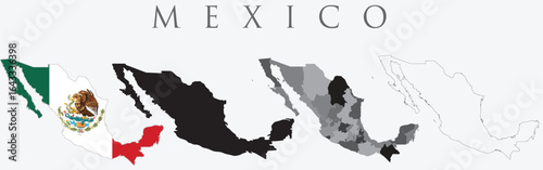 Mexico map set illustrations including silhouette, outlined states, and a version with the national flag for geographic or political use. Vector isolated 
