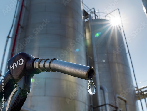 Close-up of HVO fuel nozzle with droplet reflecting industrial tanks, sunlight flare effect, cinematic focus