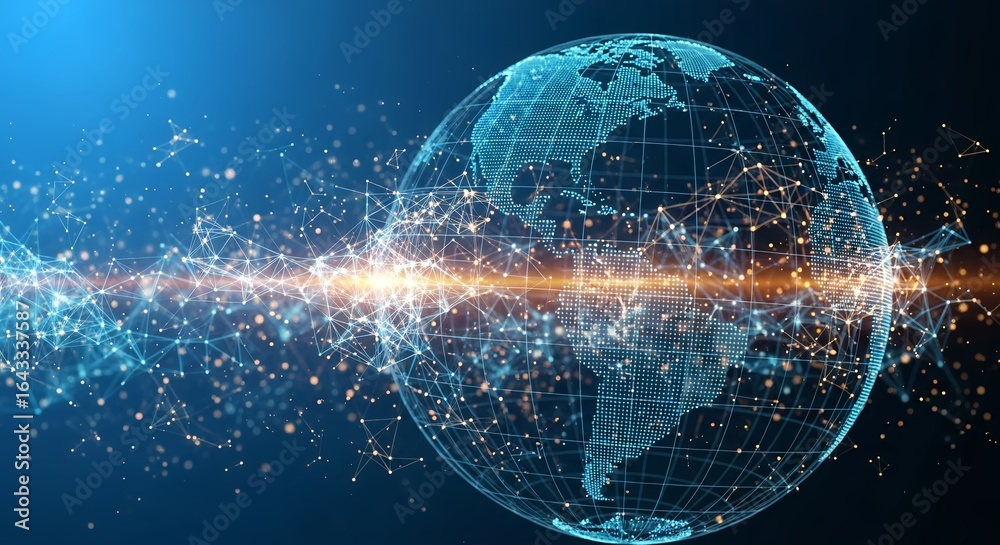 Obraz premium Global digital network connecting continents with vibrant light streaks and data points