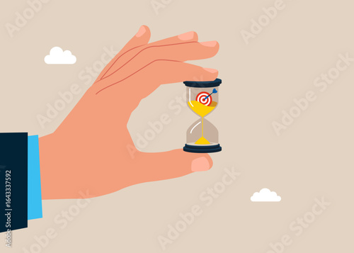 Successful is coming soon. Time management. Hourglass in hand businessman. Time management. Long term investment return, retirement pension fund.