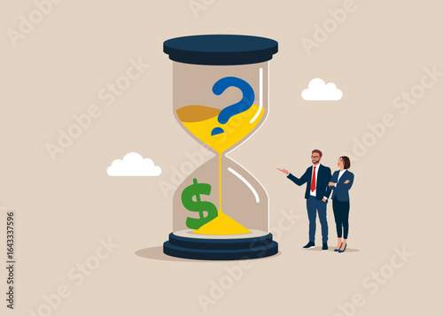 Dollar sign out of falling sand from question mark flowing through hourglass. Tracking and monitoring, task management, work planning, productivity. Dollar crisis. 