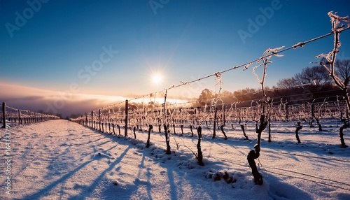 evocative scene of silhouetted frozenness in grape cultivation