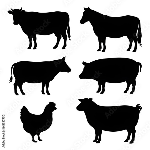 Farm animals silhouette collection featuring cow, horse, pig, chicken, and sheep for agricultural themes