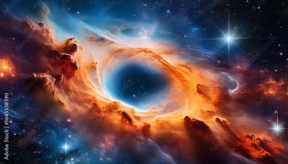 Obraz premium enigmatic nebula with dark central void surrounded by vivid cosmic clouds in orange and blue depicting the vastness and mystery of the universe