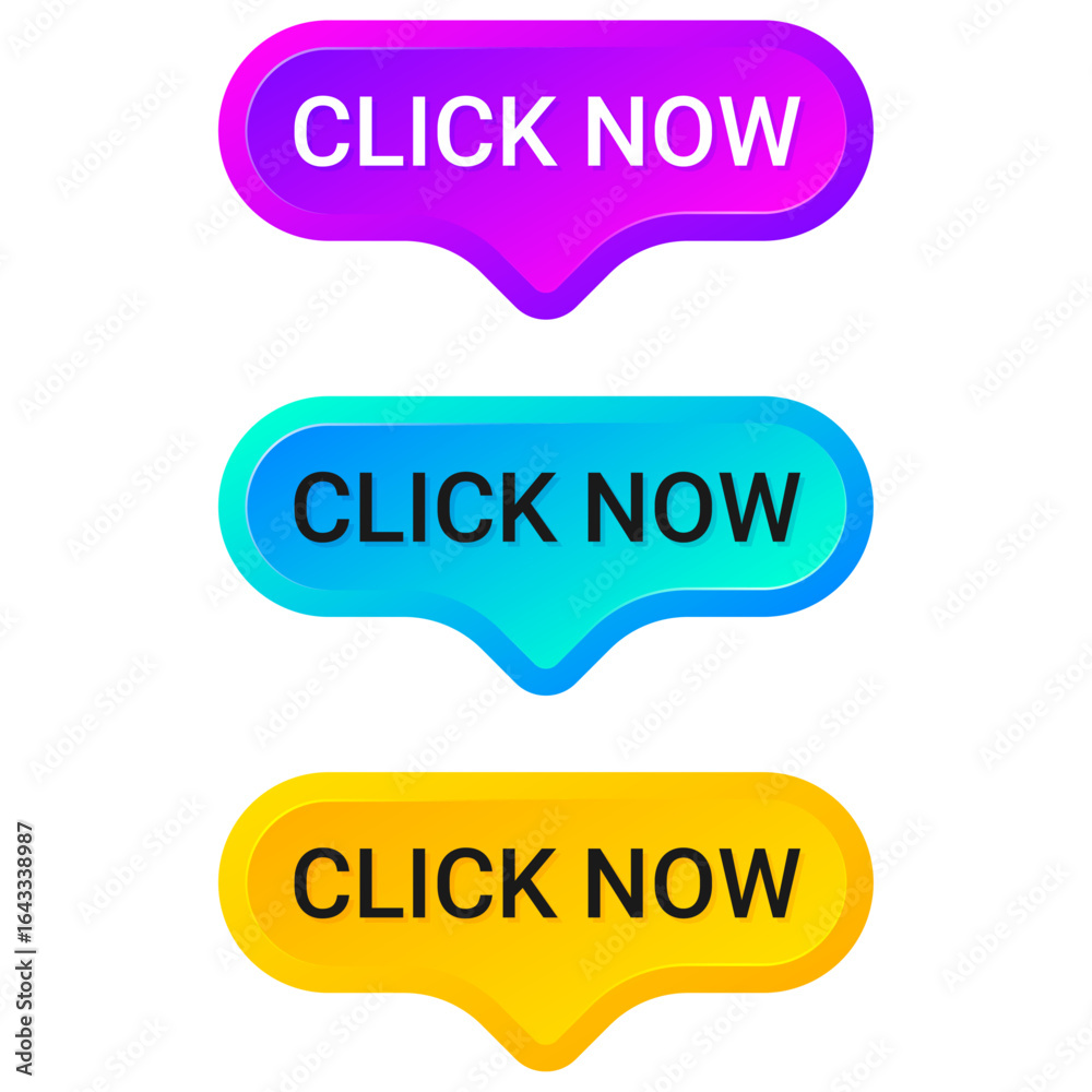 Vibrant set of Click Now call-to-action buttons in purple, blue, and yellow. Perfect for websites, banners, ads, and digital marketing designs. Vibrant set of Click Now call-to-action buttons in purple, blue, and yellow. Perfect for websites, banners, ads, and digital marketing designs.