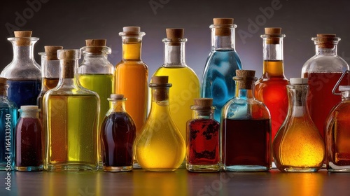 Wallpaper Mural A diverse collection of glass bottles filled with colorful liquids and cork stoppers stands in a neat row Torontodigital.ca