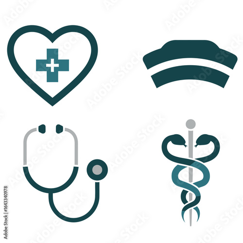 Medical icons: heart with cross, nurse cap, stethoscope, and Caduceus symbol.