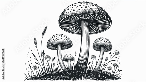 Black and white ink illustration of three large spotted mushrooms in a grassy field