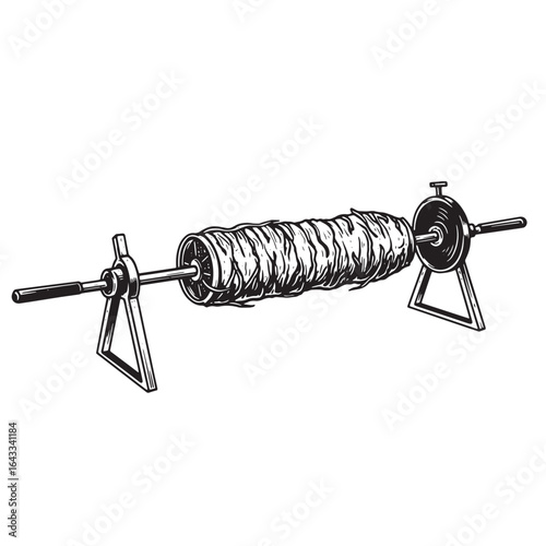 Detailed black and white illustration of traditional spit cake cooking process
