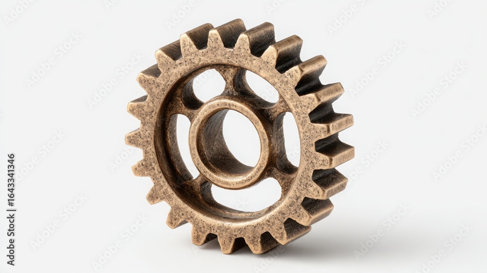 Close up view of a single weathered brass cogwheel with intricate spokes against a plain background Close up view of a single weathered brass cogwheel with intricate spokes against a plain background