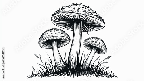 Black and white ink illustration of three large spotted mushrooms in a grassy field