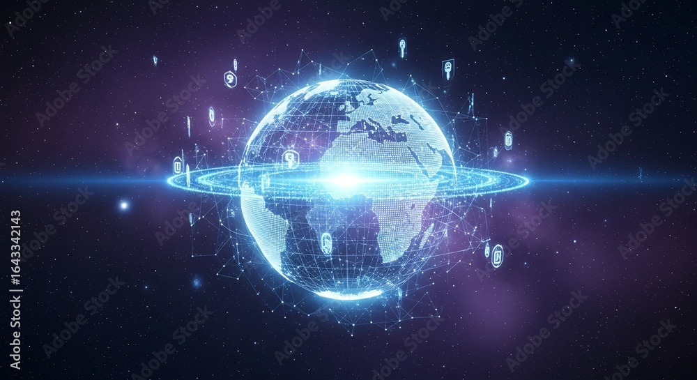 Obraz premium Dynamic digital globe with glowing network connections and futuristic data streams