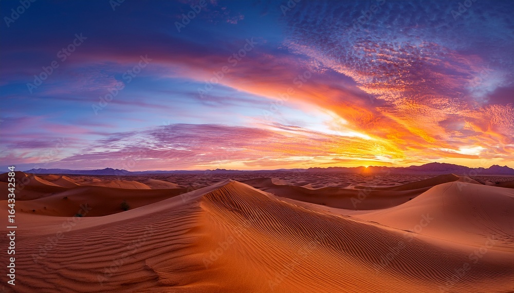 Naklejka premium desert sunset with vibrant colors in the sky and dunes stretching endlessly into the horizon