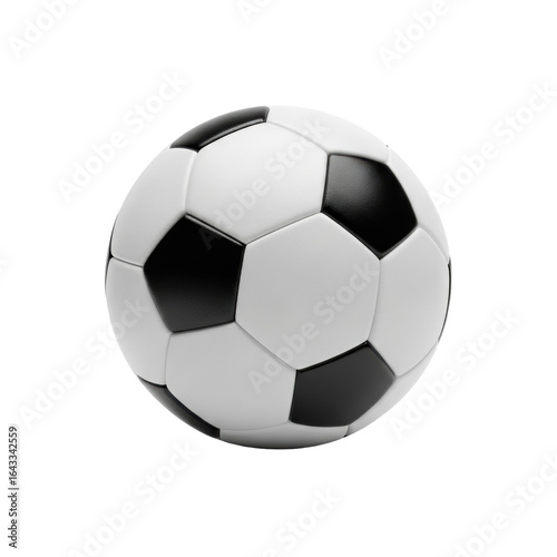 A brand new, pristine classic black and white soccer ball with hexagonal and pentagonal panels, clean seams, isolated and centered on a transparent studio background with even lighting, professional