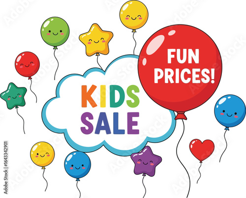 Colorful cartoon balloons and cloud with text kids sale and fun prices isolated on white background
