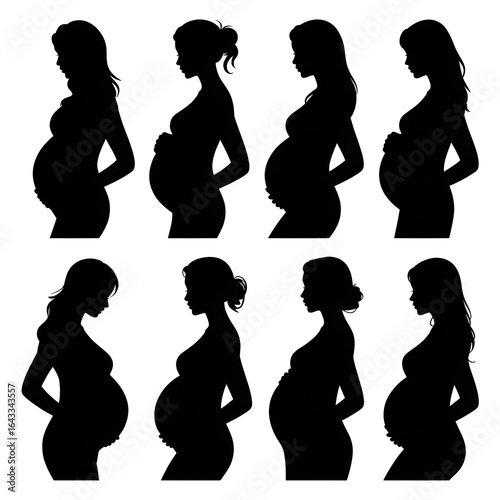 Eight diverse pregnant women silhouettes showcasing anticipation and maternal beauty in profile.
