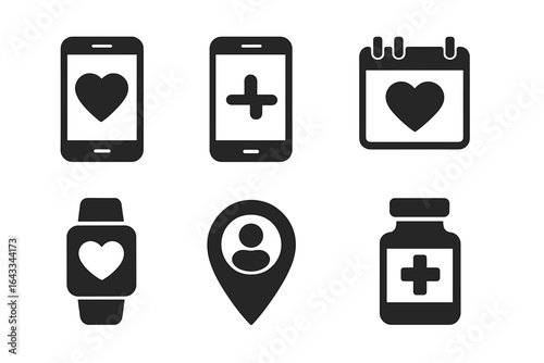 Heart health technology icons representing mobile apps, reminders, wearables, and medication management in a digital age